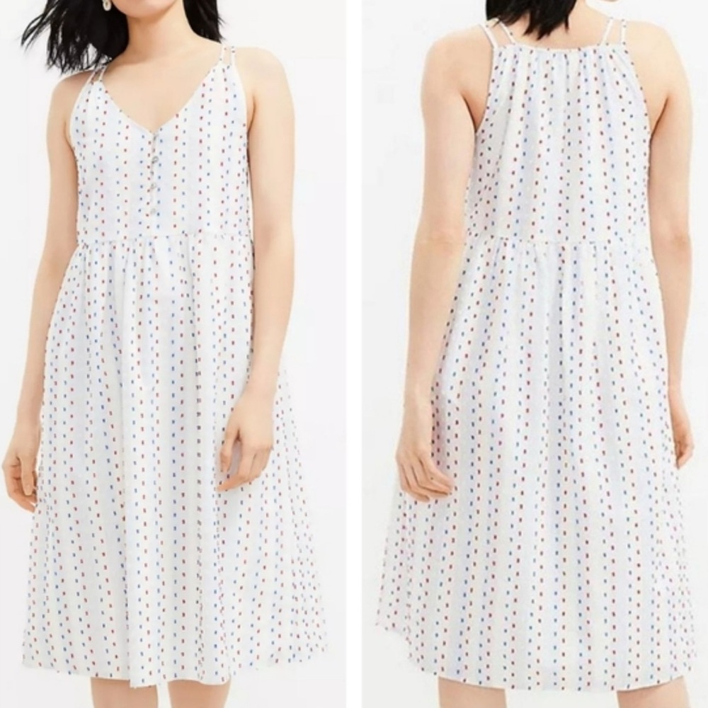 LOFT White Midi Dress with Red and Blue Dots